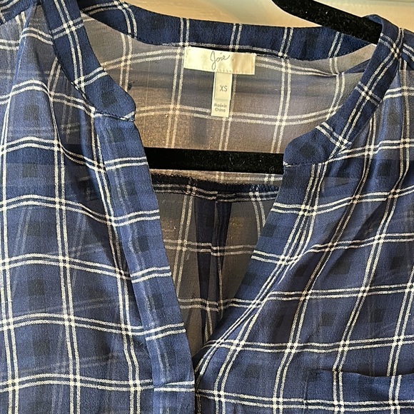 Women’s Blue Silk Joie sheer long sleeve blouse with collarless neck and pocket - Picture 3 of 9